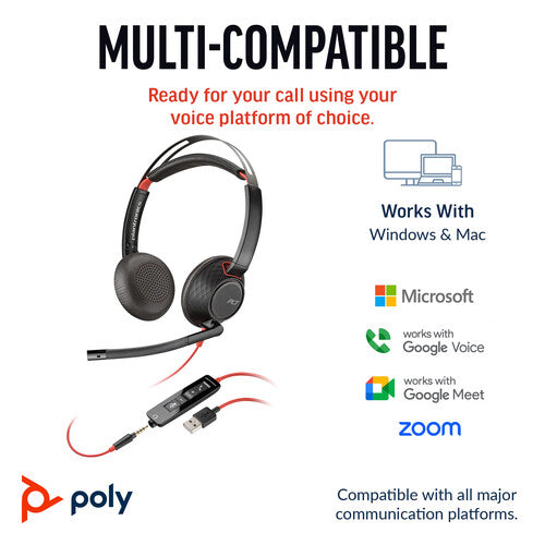 Poly Blackwire C5220 Passive Noise Cancellation USB-A Stereo Headset with Boom Microphone