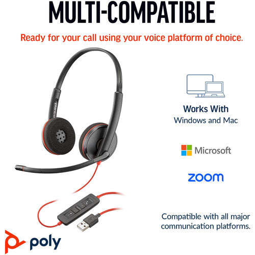 Poly Blackwire C3220 USB HYBRID (C+A) Stereo Headset with Noise Canceling Boom Microphone