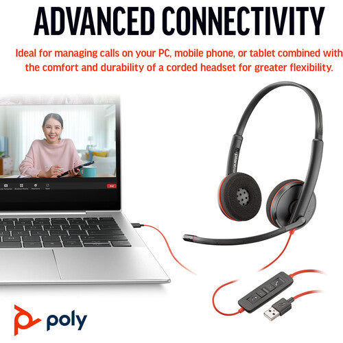 Poly Blackwire C3220 USB HYBRID (C+A) Stereo Headset with Noise Canceling Boom Microphone