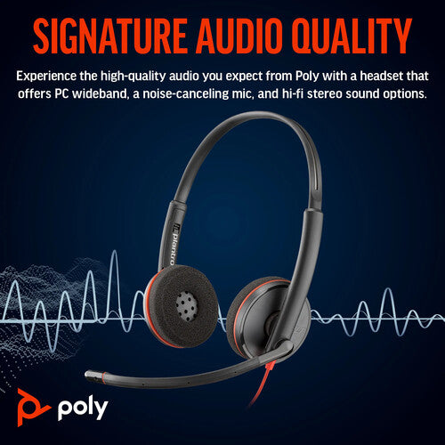 Poly Blackwire C3220 USB HYBRID (C+A) Stereo Headset with Noise Canceling Boom Microphone