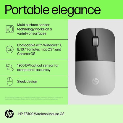 HP Z3700 1200 DPI Sleek Design Optical Sensor 2.4 GHz Wireless Mouse - Silver