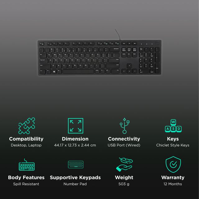 Dell KB216 Full-Size Wired Spill Resistance Keyboard with 3 Indicator Lights