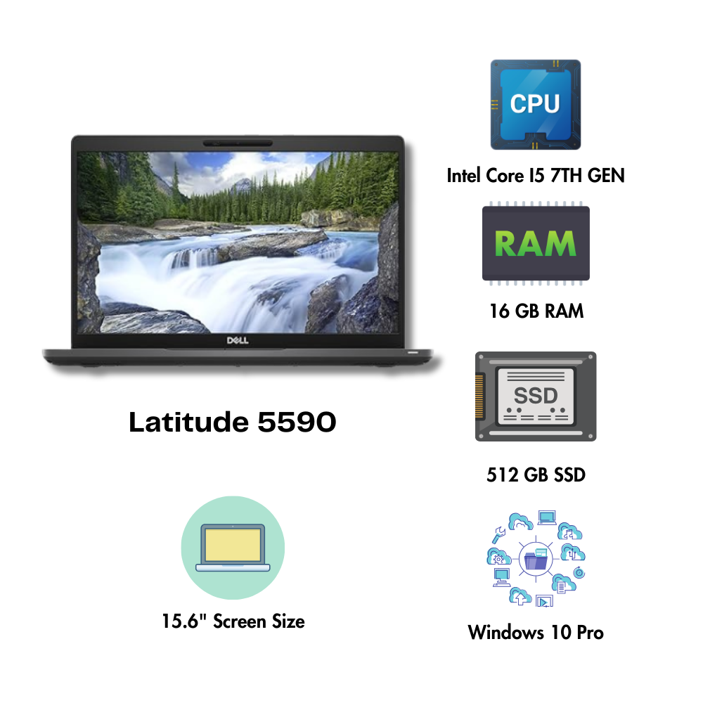 (Refurbished) Dell Latitude 5590 15.6" Laptop Intel Core i5 7th Gen 16GB RAM 512GB SSD Win 10 Pro