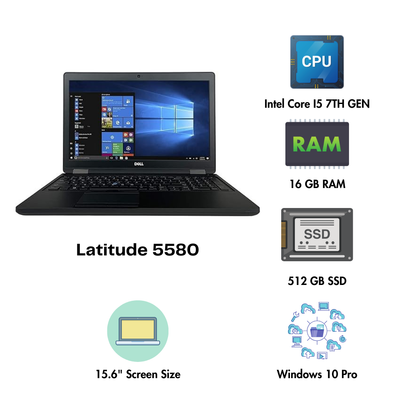 (Refurbished) Dell Latitude 5580 15.6" Laptop Intel Core i5 7th Gen 16GB RAM 512GB SSD Win 10 Pro