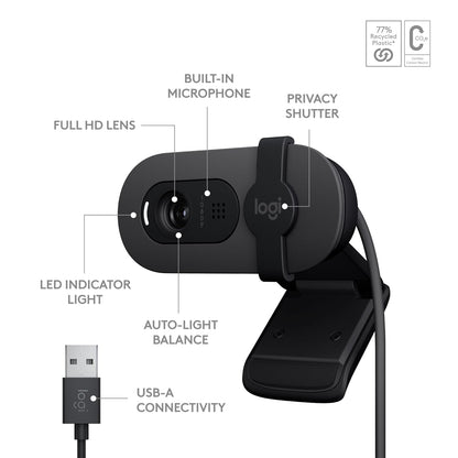 Logitech BRIO 100 USB-A 1080p Full HD Webcam with Auto-light Balance and Built-in Mic - Graphite