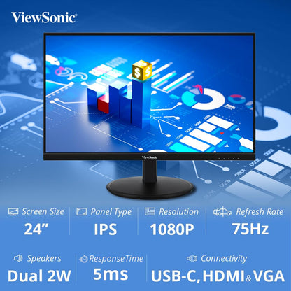 ViewSonic VG2409-MHU 24” IPS Panel 1080p FHD 75Hz USB Type-C Professional Monitor with Speakers