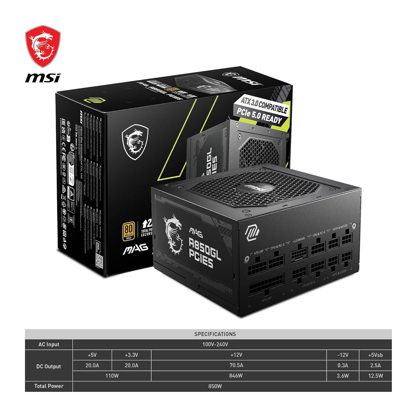 MSI MAG A850GL PCIE5 850W 80 Plus Gold SMPS Fully Modular ATX 3.0 Power Supply Unit - Black