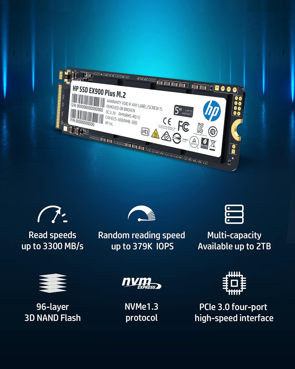 HP EX900 Plus 256GB NVMe PCIe Gen3 M.2 2280 3D NAND Internal SSD