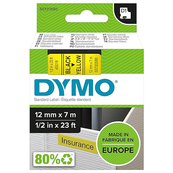 [RePacked] DYMO S0720580 D1 Cassette 12mm Black and Yellow