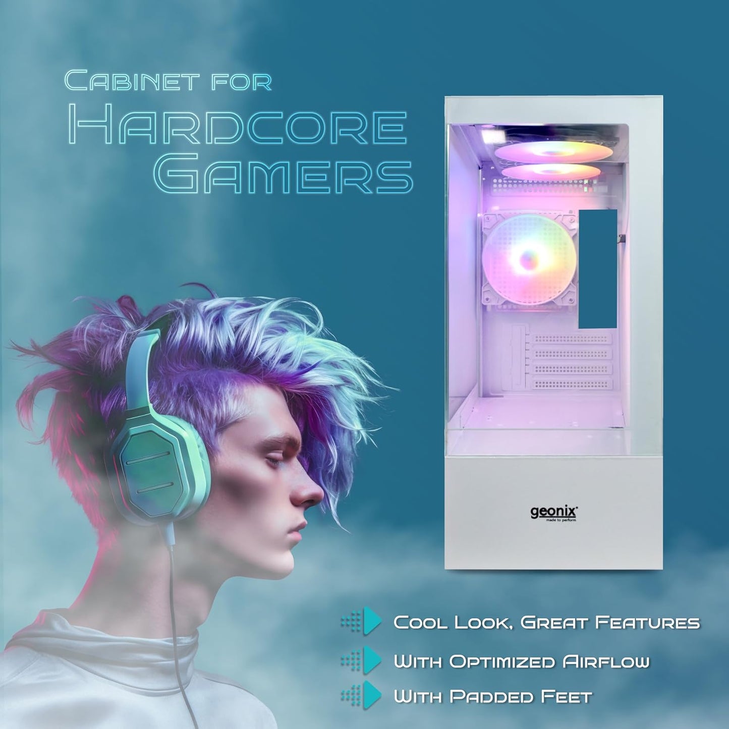 Geonix X30 3 RGB Fans Tempered Glass Panel ATX Cabinet/Computer Case - White