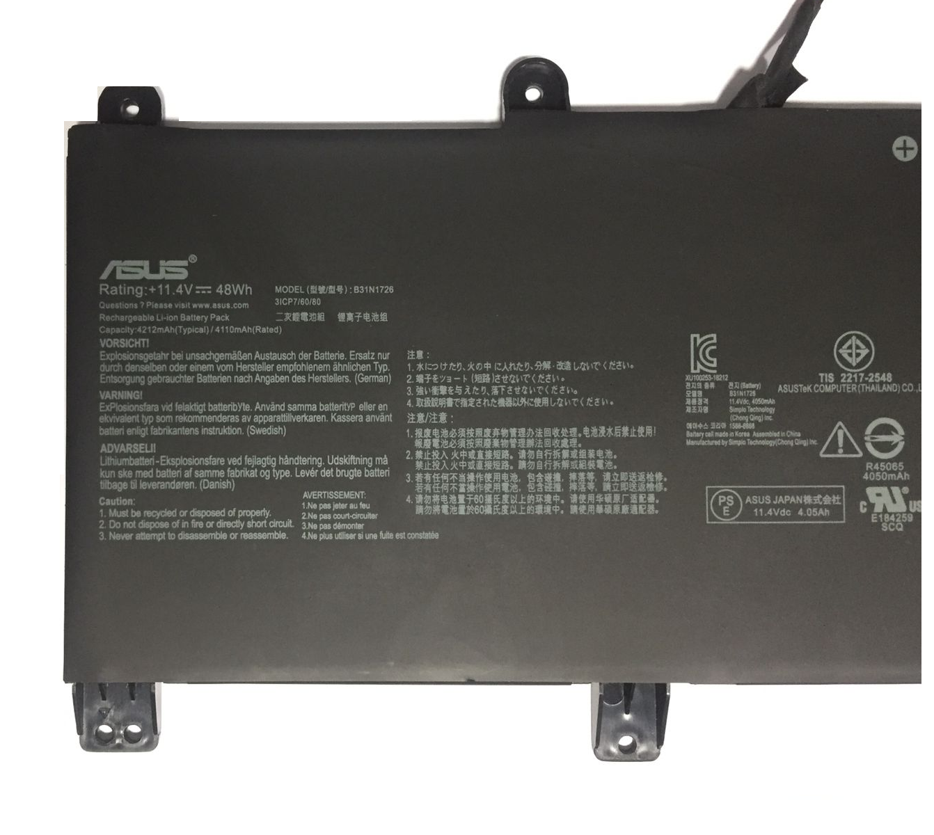 Asus B31N1726 Long Cable Original OEM 48Whr 4212mAh 11.4V 3 Cell Laptop Battery for Select Asus Laptops