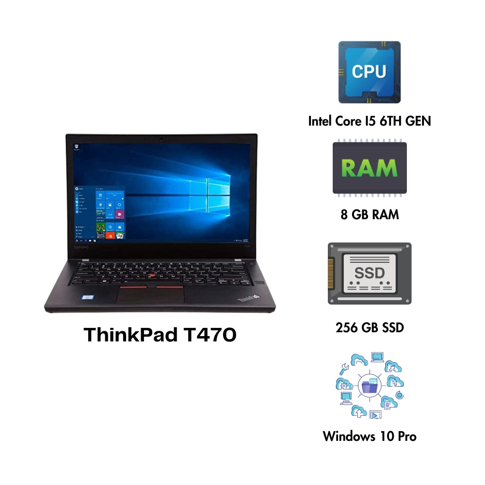 (Refurbished) Lenovo ThinkPad T470 14 Inch Laptop Intel 6th Gen Core i5 8GB RAM 256GB SSD Win 10 Pro