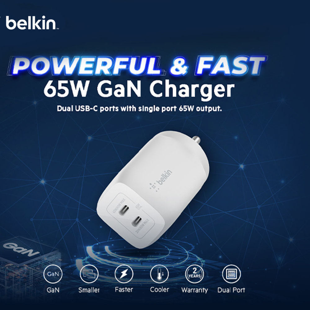 PPS 65W के साथ Belkin Boost Charge Pro डुअल USB-C GaN वॉल चार्जर