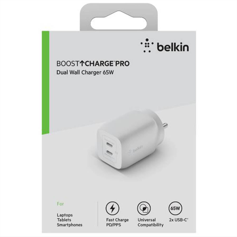 PPS 65W के साथ Belkin Boost Charge Pro डुअल USB-C GaN वॉल चार्जर