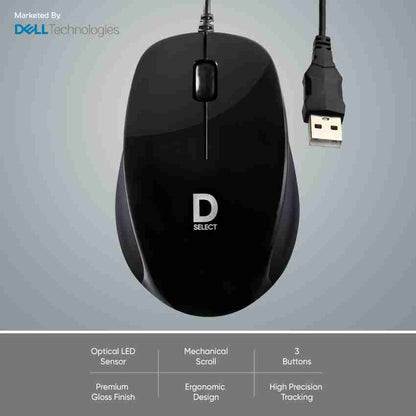 Dell Exclusive D SELECT DS111 1200DPI USB Type A Optical Wired Mouse - Black