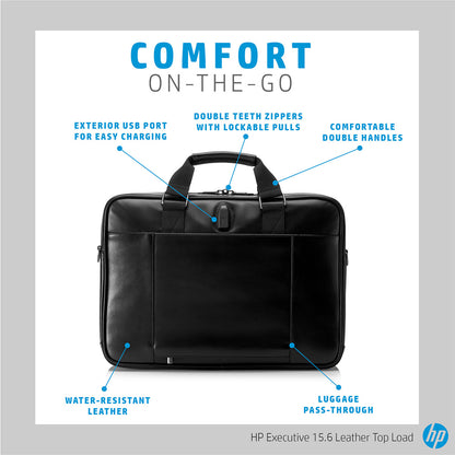 HP 6KD09AA Executive 15.6-Inch Leather Top Load Laptop Bag with Built-in USB Charging Port