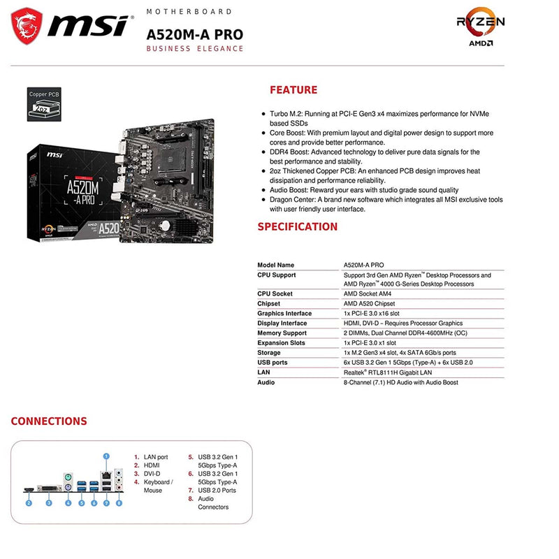 MSI MSI A520M-A PRO    Micro ATX対応マザーボード A520M-A PRO 返品種別B