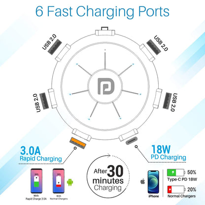 Portronics UFO Pro 60W Multi-Device Charging Station USB Hub with Six Ports and Fast charging