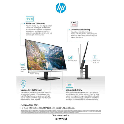 HP 27 Inch 4K UHD IPS Monitor with VGA Audio Out AMD Free-Sync