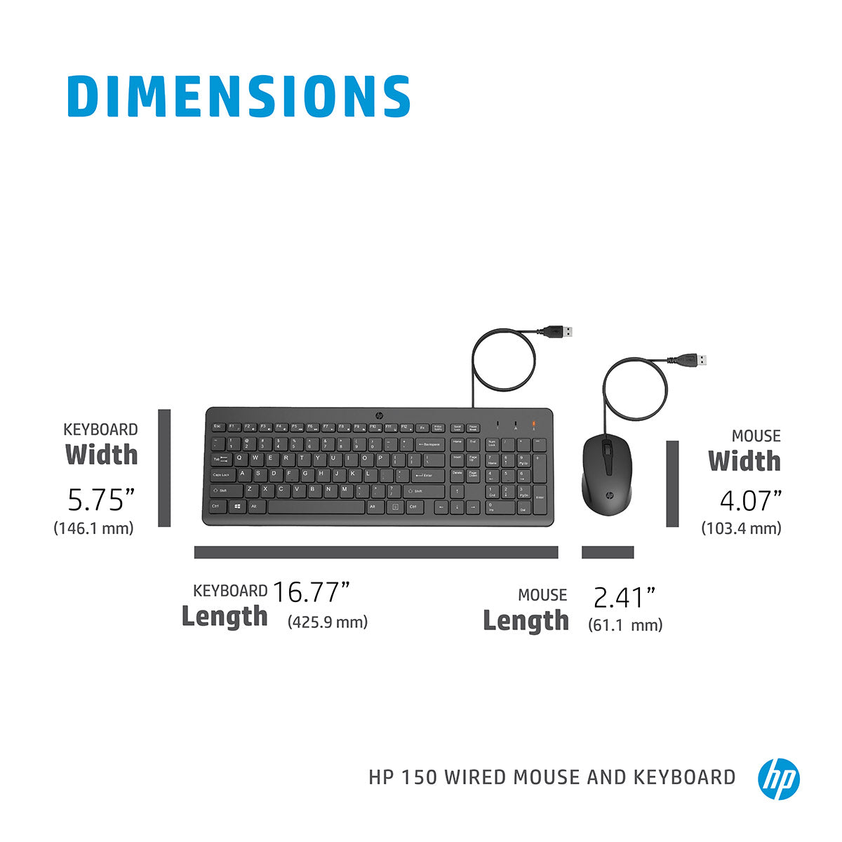 HP 150 Wired Keyboard and Optical Mouse Combo with 1600 DPI