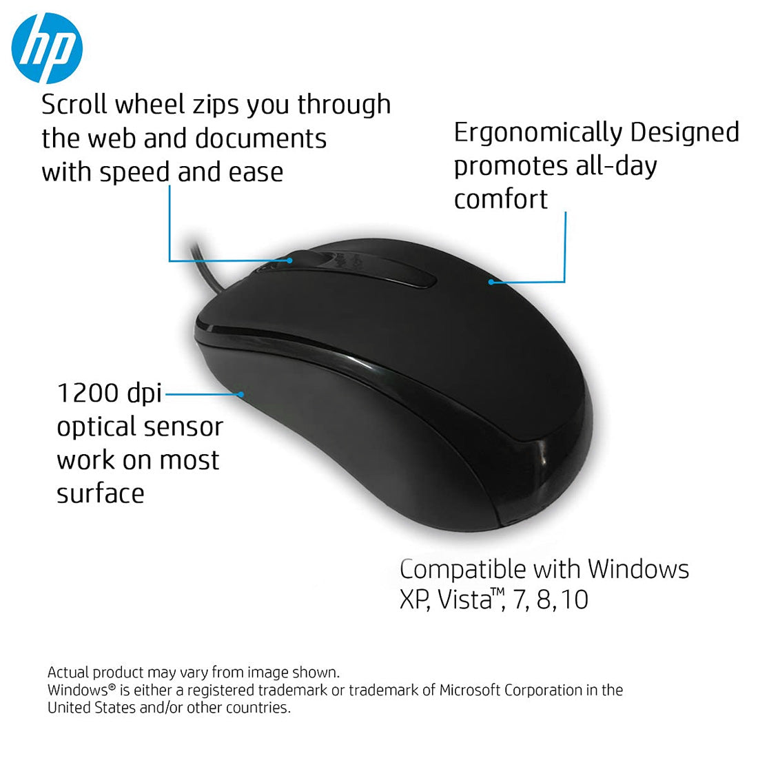 HP M006 Wired USB Optical Mouse with 1200 DPI and 3 Buttons