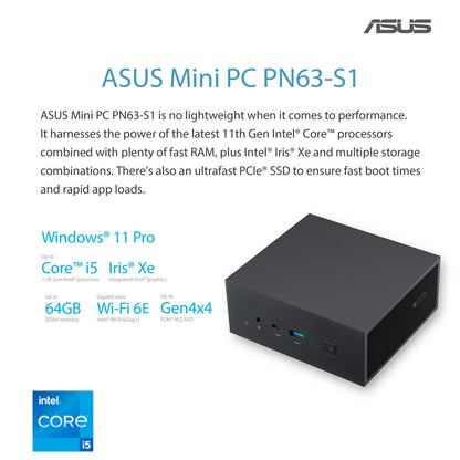 ASUS मिनी पीसी PN63-S1 इंटेल कोर i5 प्रोसेसर के साथ वाईफ़ाई 6E और यूएसबी 3.1 टाइप-सी (कोई पूर्व-स्थापित स्टोरेज और मेमोरी नहीं)